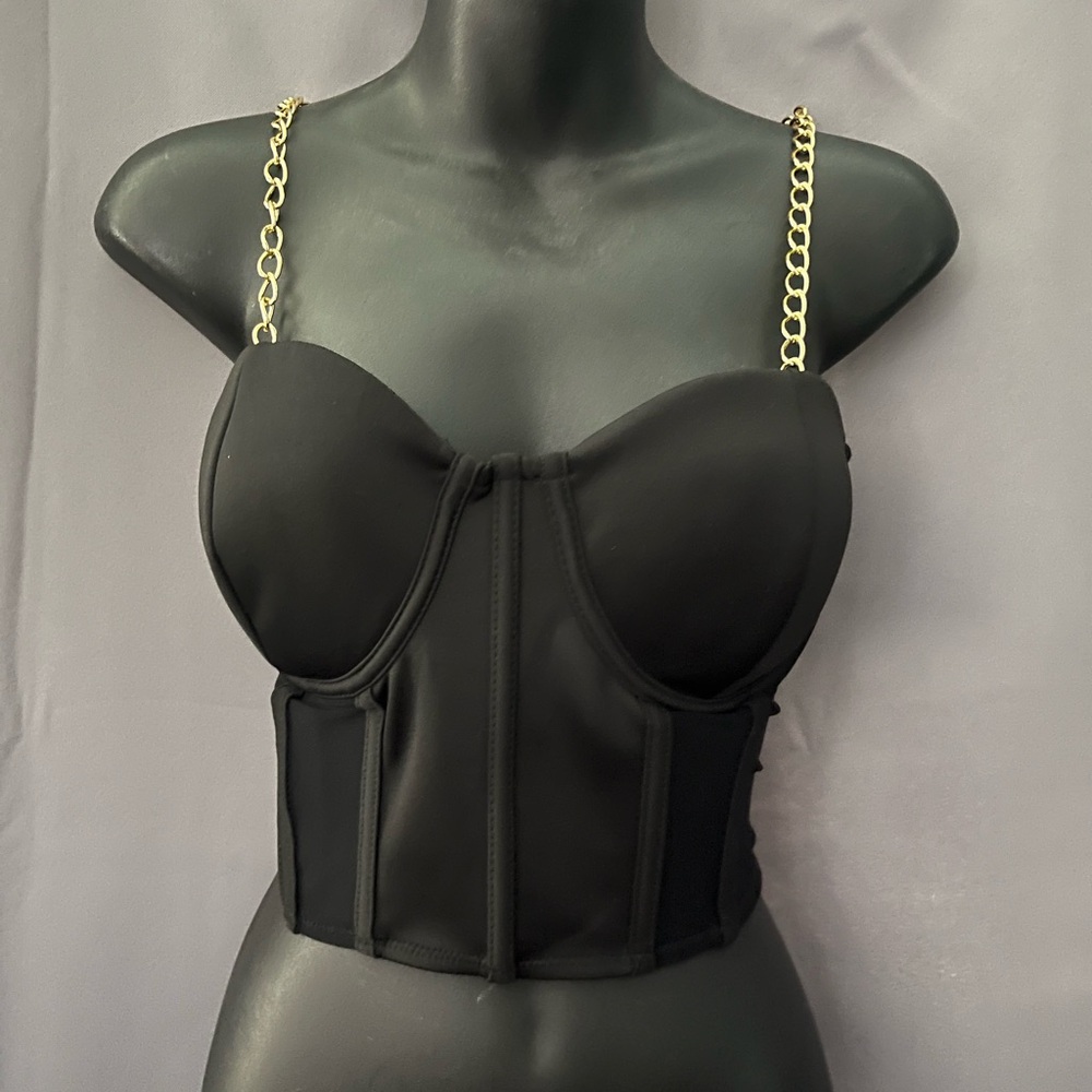 Say What Black Bustier Gold Chain Strap  Crop Top Women SZ M  Zip Up
